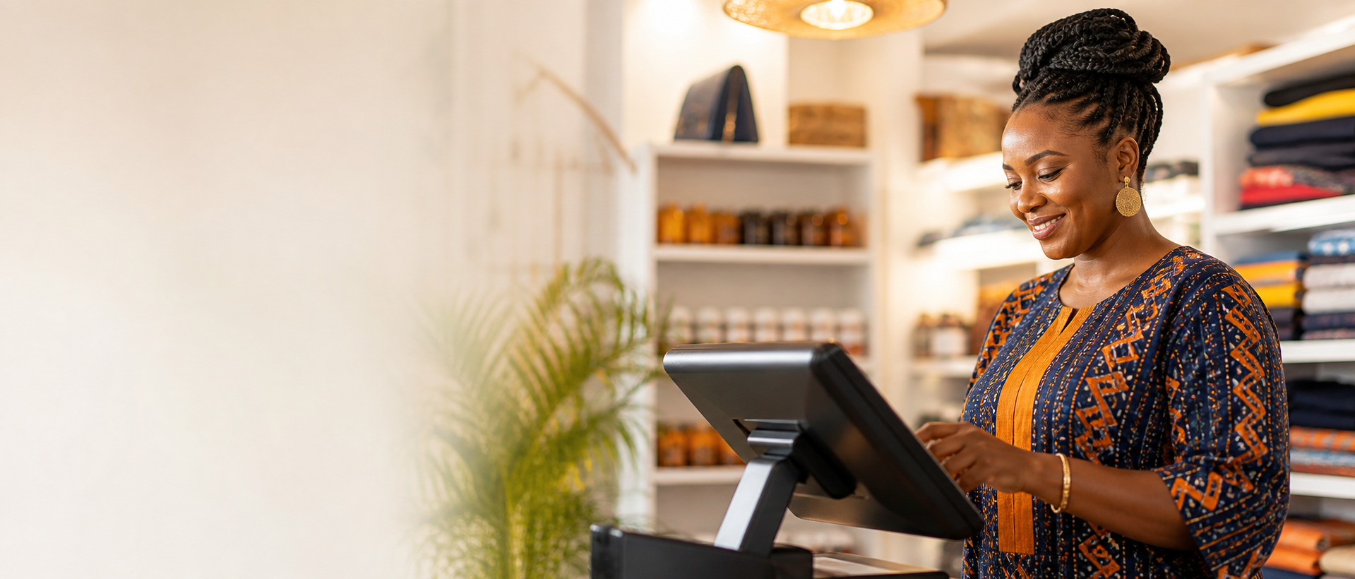 Commerçante utilisant une caisse tactile dans sa boutique
