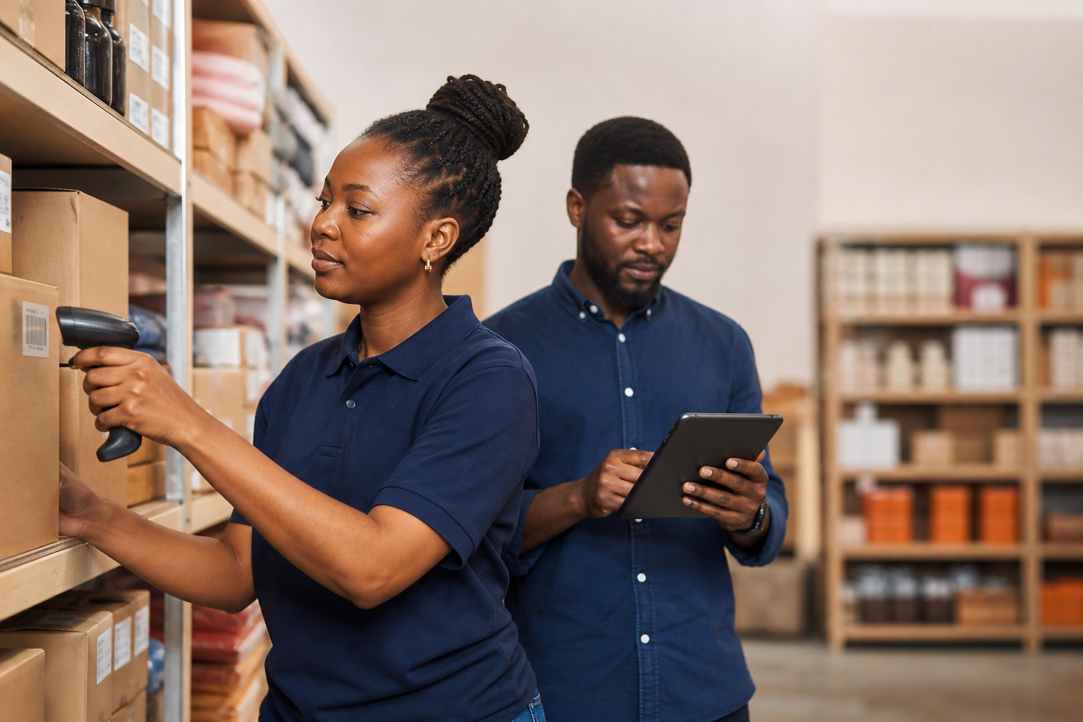Équipe de boutique réalisant un inventaire avec scanner et tablette